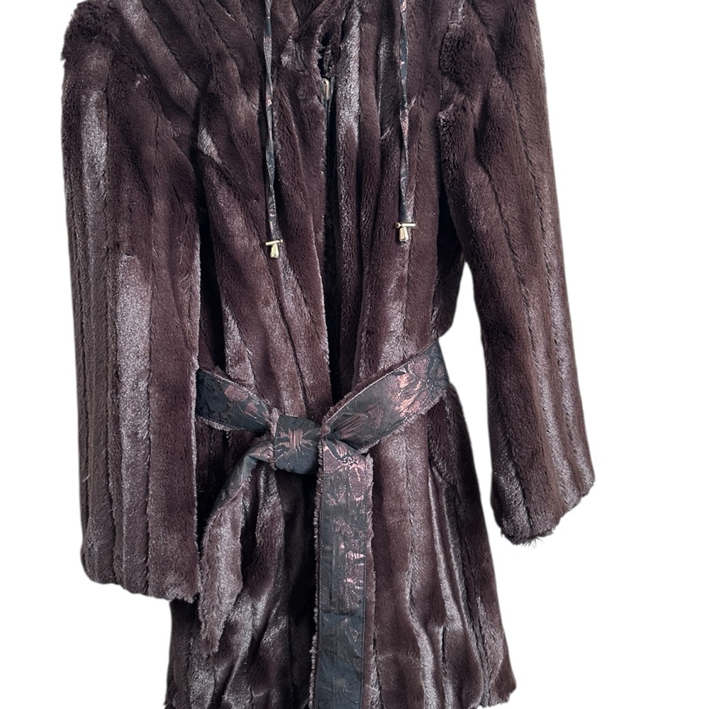 IMAN Dark Brown Reversible Faux Fur & Brocade Jacket w/ Belt Size Small